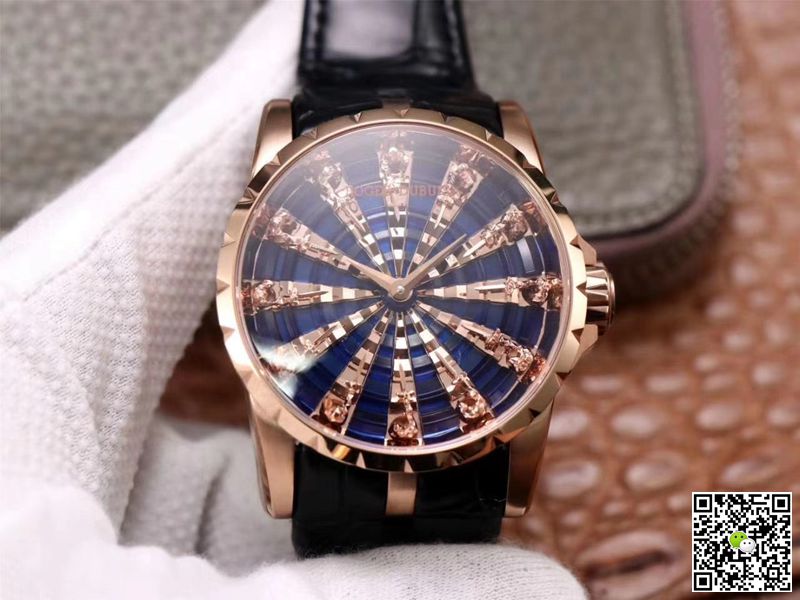 Best Replica Replica Roger Dubuis Excalibur RDDBEX0684 1:1 Best Edition ZZ Factory Rose Gold Blue Dial Swiss ETA9015 - Colareps