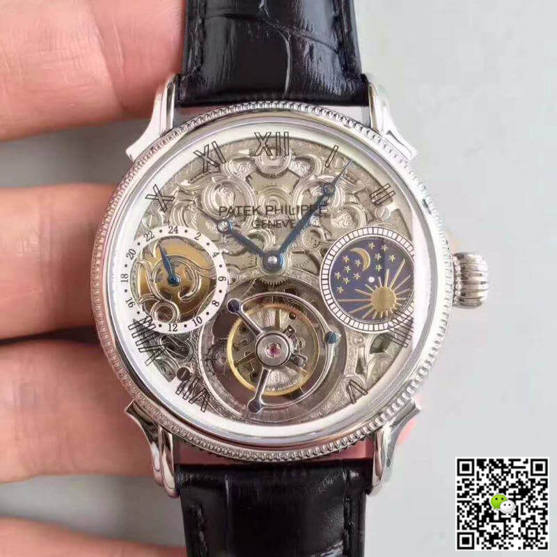 Best Replica Patek Philippe Replica Tourbillon Moonphase 1:1 Best Edition Swiss Tourbillon Skeleton and White Dial - Colareps