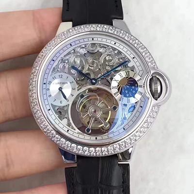 Best Replica Replica Ballon Bleu De Cartier Tourbillon 1:1 Best Edition Swiss Tourbillon Diamonds bezel Black Leather Strap - Colareps