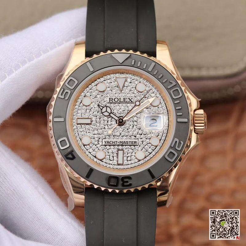 Best Replica Replica Rolex Yacht-Master 40mm 116655 Diamond Dial Rosegold 1:1 Best Edition Automatic Swiss Movement Black Rubber Strap - Colareps