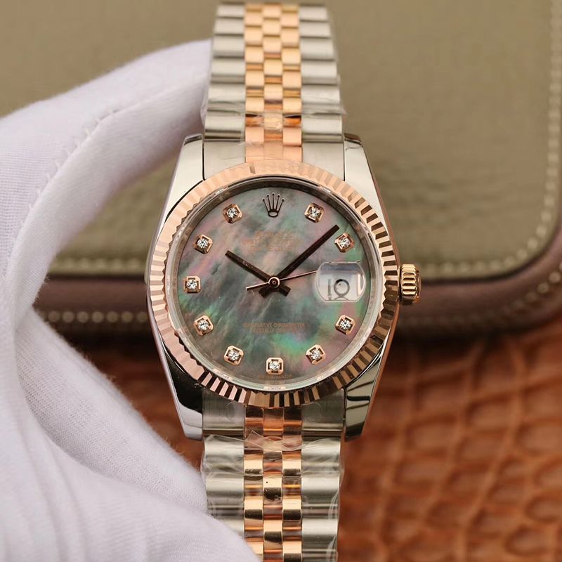 Best Replica Replica Rolex Date-Just 36mm 1:1 Best Edition Gray Dial Diamond Markers 18K Gold Wrapped Swiss ETA3135 - Colareps