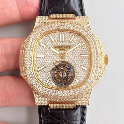 Best Replica Patek Philippe Replica Nautilus Jumbo Tourbillon 1:1 Best Edition Swiss Tourbillon 18K Yellow Gold Diamond Dial - Colareps