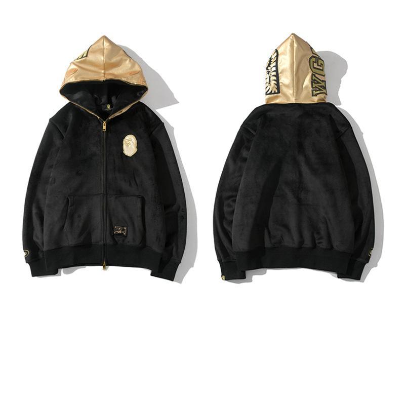 Best Replica Bape Shark Hoodies Plush Gold-Black Full Zipper Sweatshirts - Colareps