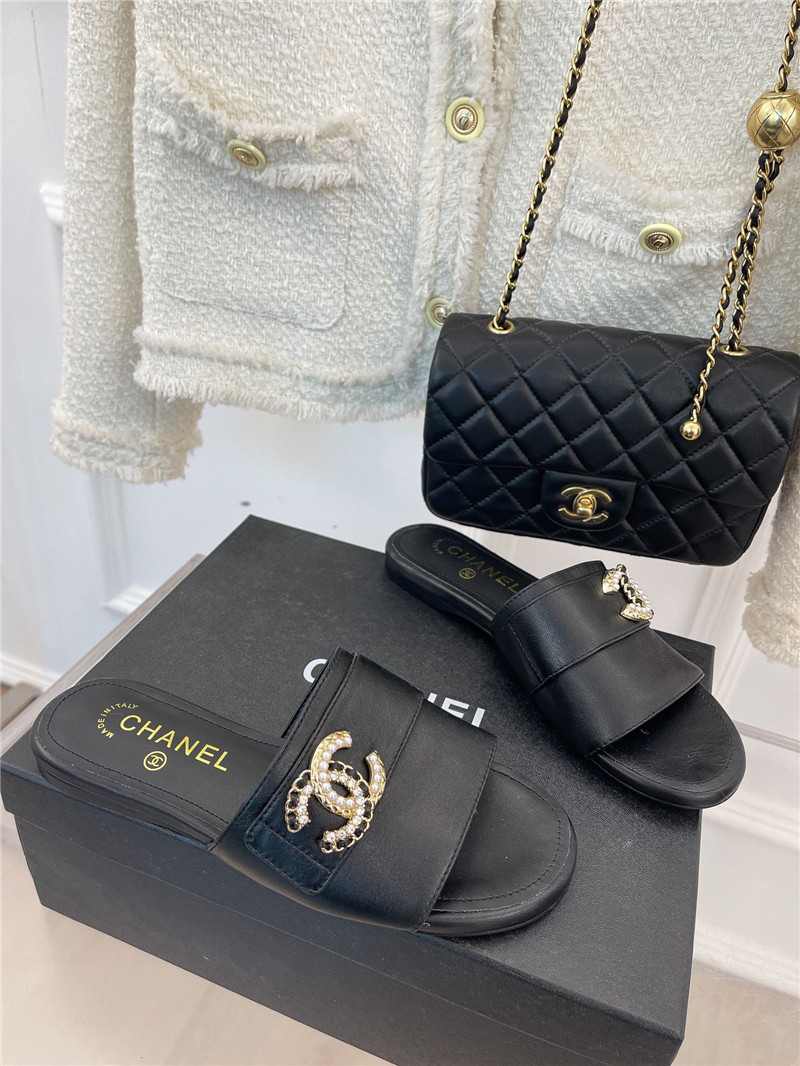Best Replica chanel CC pearl rhinestone buckle slippers - Colareps