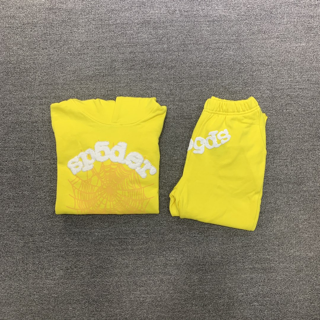 Best Replica Flocked letters spider web print children's hoodie pants set yellow - Colareps