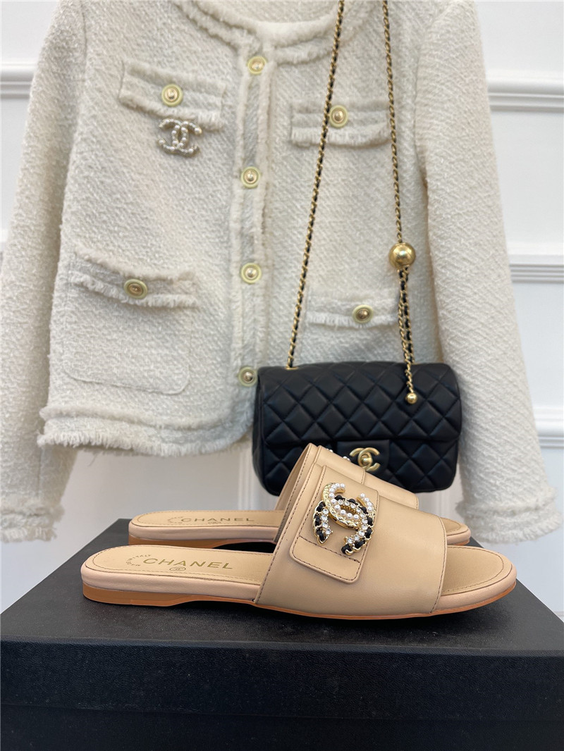 Best Replica chanel CC pearl rhinestone buckle slippers - Colareps