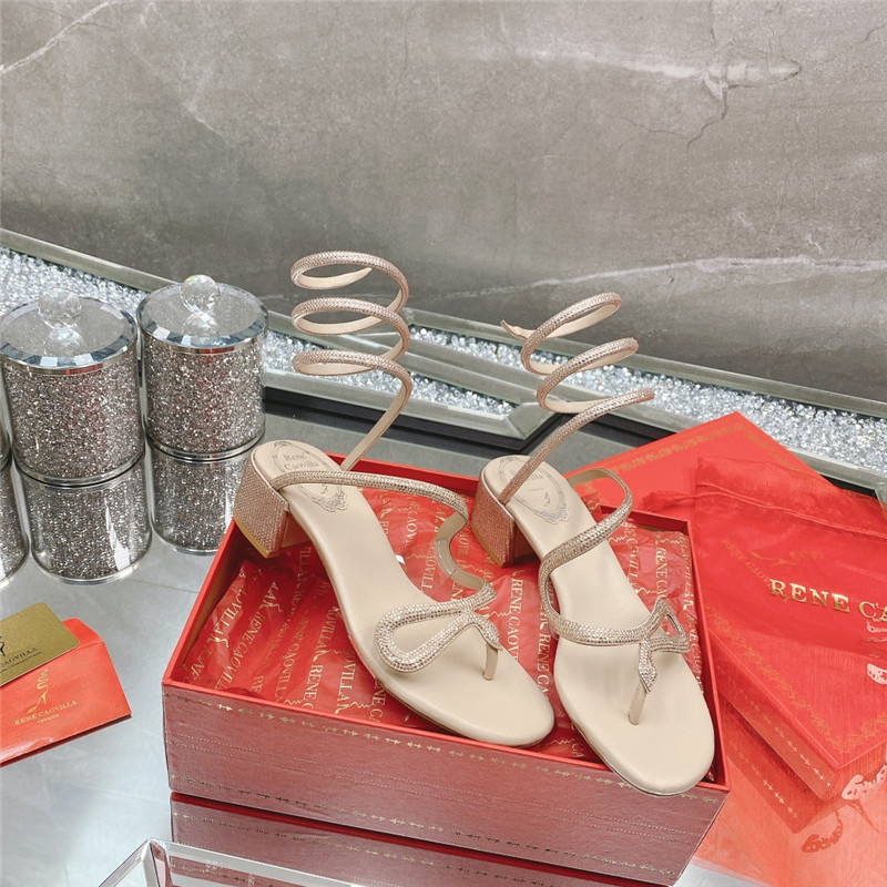 Best Replica Rene Caovilla Heels Dupe snake crystal chunky heel sandals - Colareps