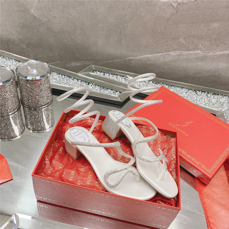 Best Replica Rene Caovilla Heels Dupe snake crystal chunky heel sandals - Colareps