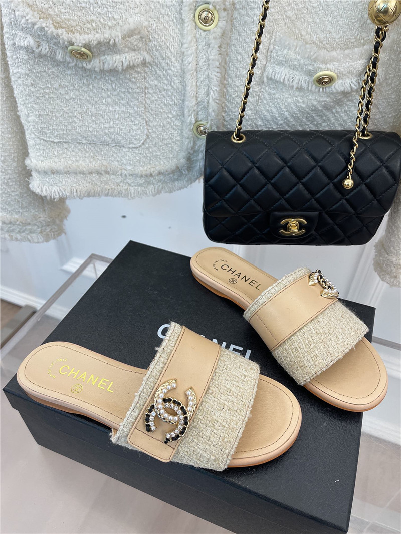 Best Replica chanel CC pearl rhinestone buckle slippers - Colareps