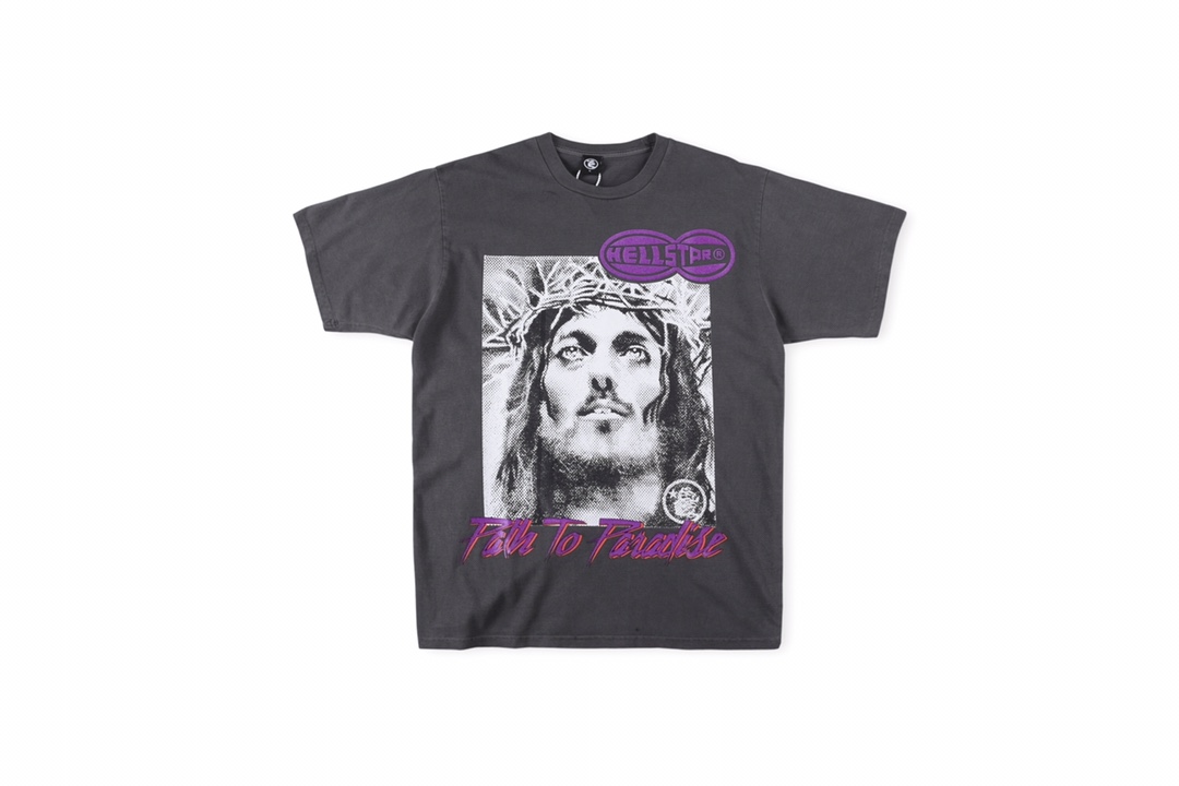 Best Replica HellStar Replica Portrait on the chest glitter back cracked letters printed heav tee - Colareps