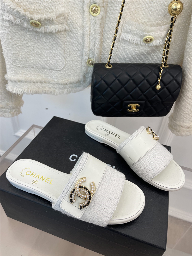 Best Replica chanel CC pearl rhinestone buckle slippers - Colareps