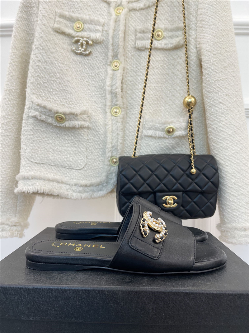 Best Replica chanel CC pearl rhinestone buckle slippers - Colareps
