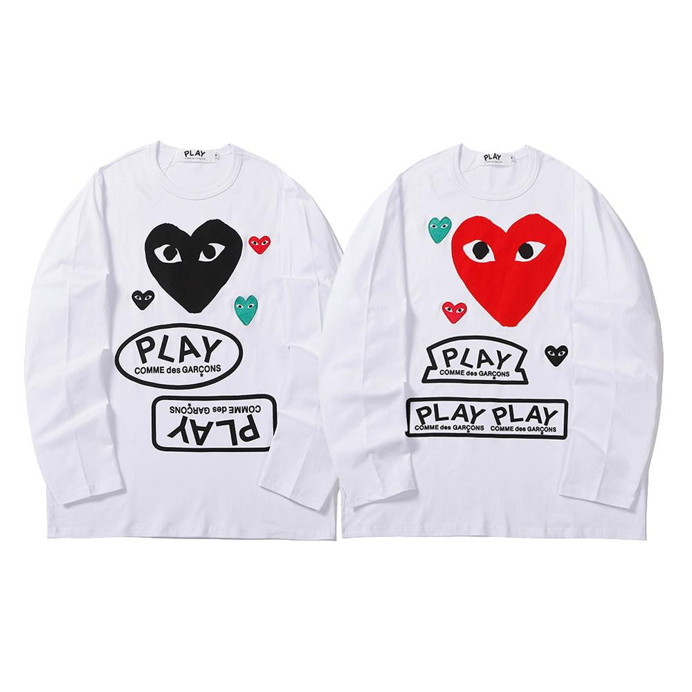 Best Replica COMME DES GARCONS CDG PLAY Black & Red Hearts Long Sleeve White T SHIRT - Colareps