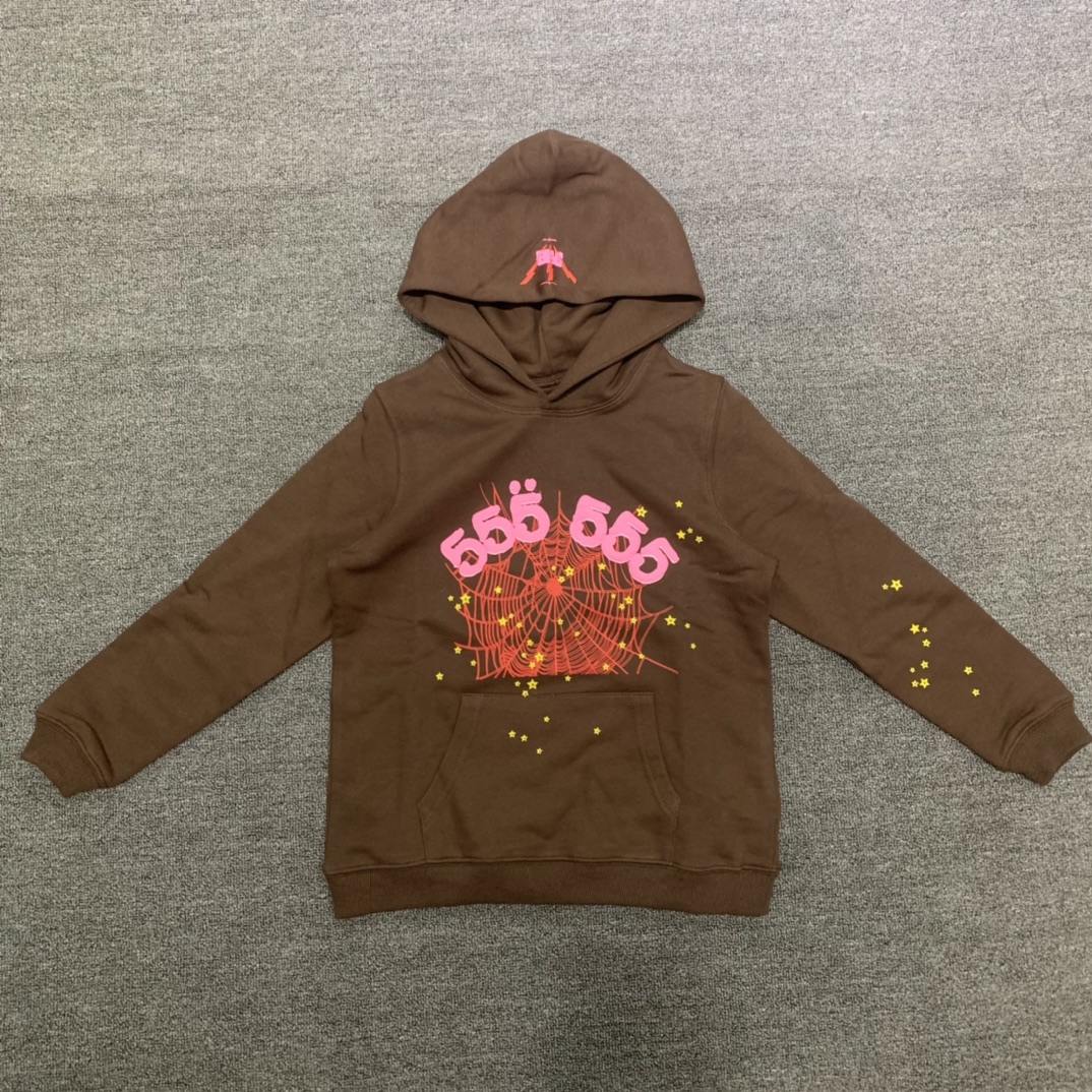Best Replica 555 red spider web print children's hoodie pants set brown - Colareps