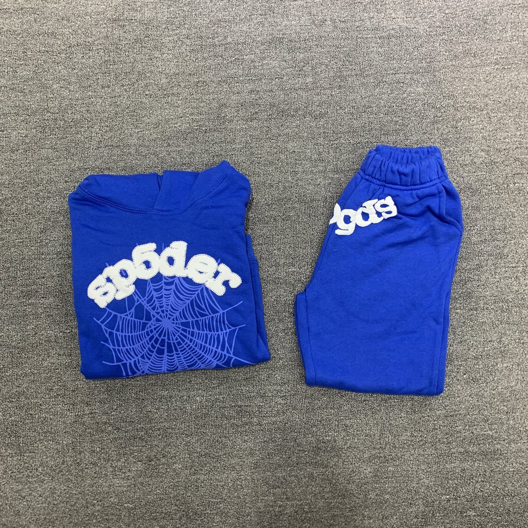 Best Replica Flocked letters spider web print children's hoodie pants set blue - Colareps