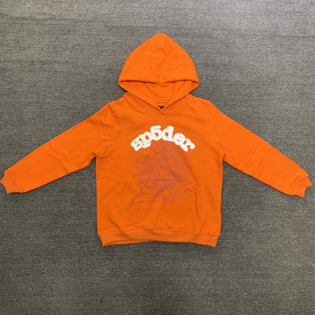 Best Replica Flocked letters spider web print children's hoodie pants set orange - Colareps
