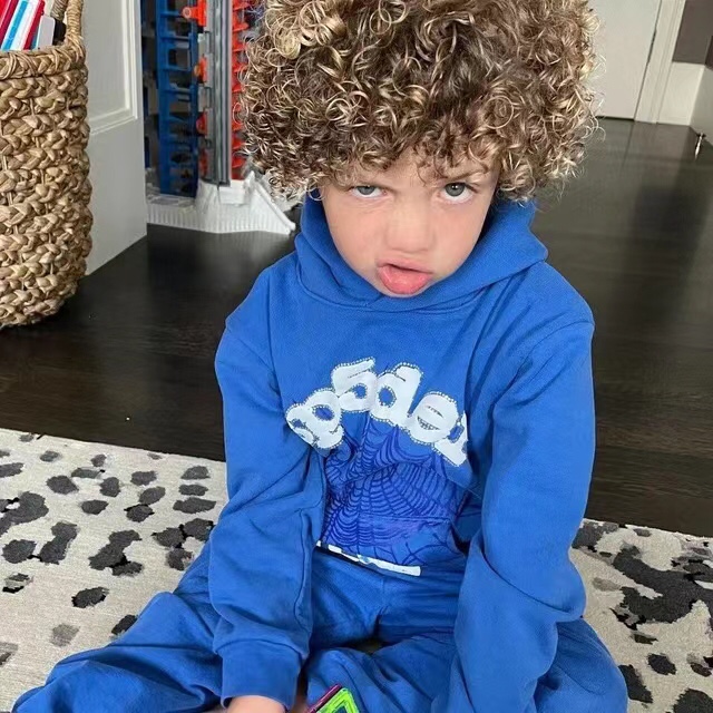 Best Replica Flocked letters spider web print children's hoodie pants set blue - Colareps