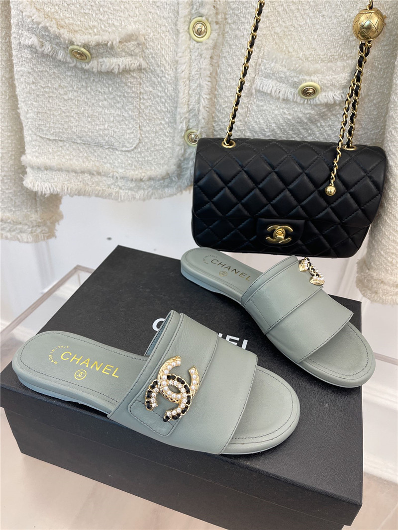 Best Replica chanel CC pearl rhinestone buckle slippers - Colareps