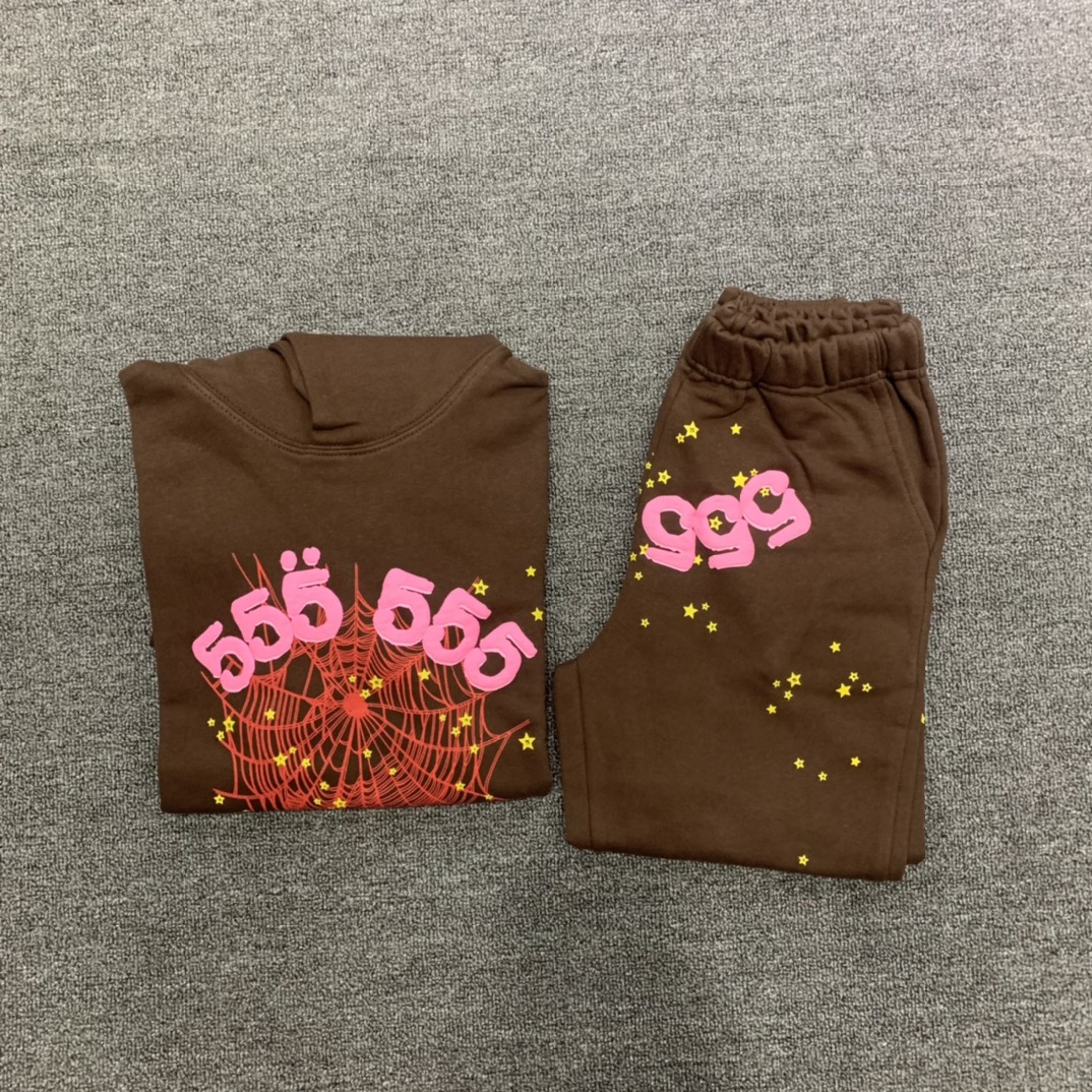 Best Replica 555 red spider web print children's hoodie pants set brown - Colareps