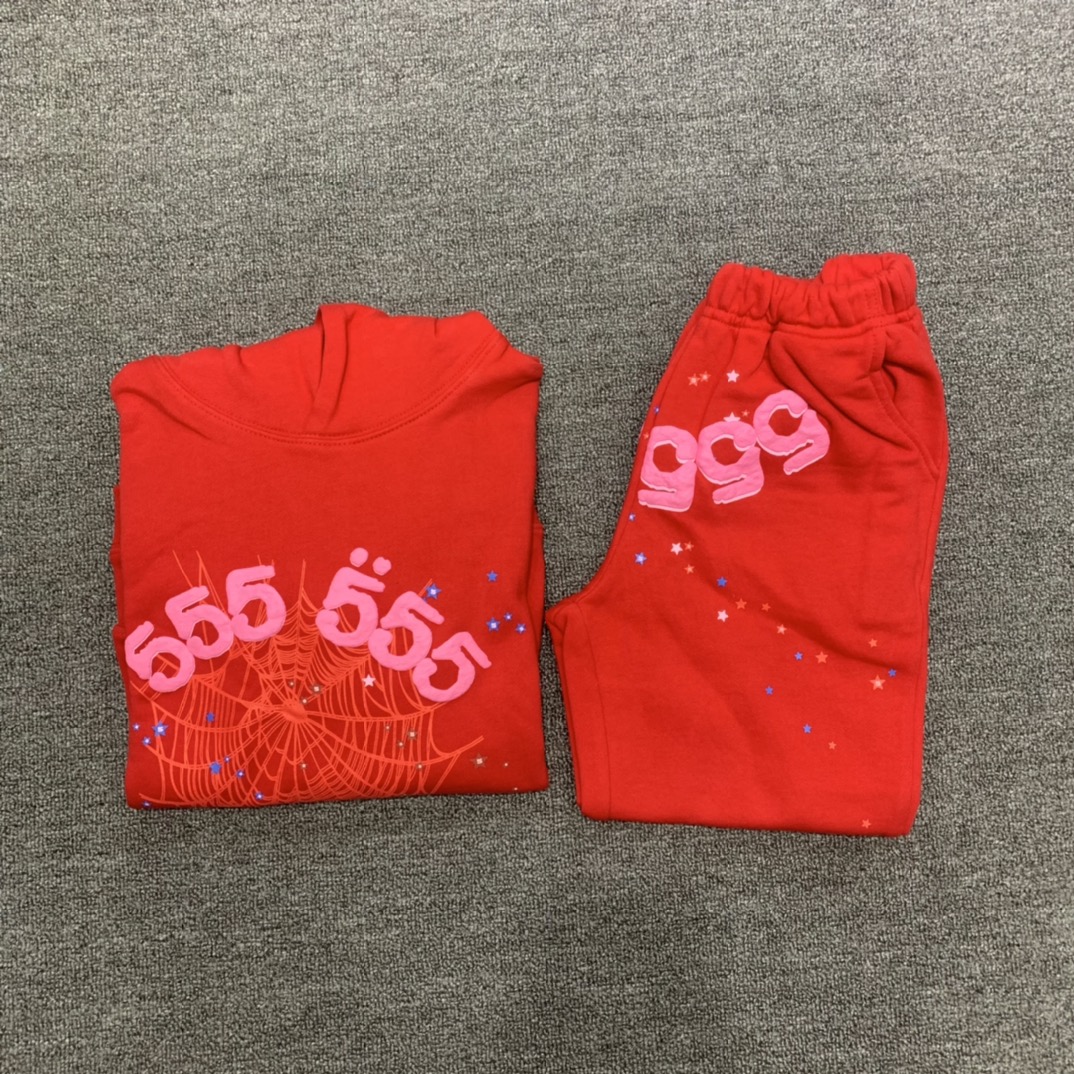 Best Replica 555 red spider web print children's hoodie pants set red - Colareps