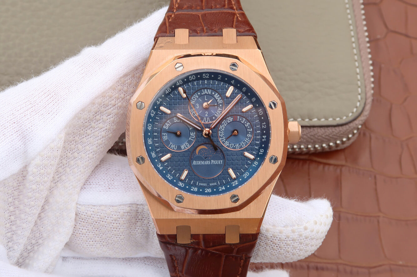 Best Replica Replica Audemars Piguet Royal Oak Perpetual Calendar 26574 1:1 Best Edition JF Factory Rose Gold Blue Dial - Colareps