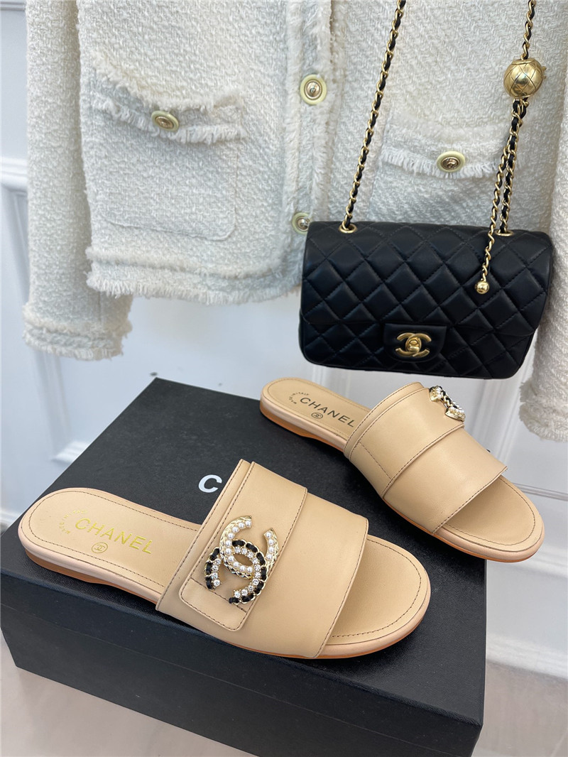 Best Replica chanel CC pearl rhinestone buckle slippers - Colareps