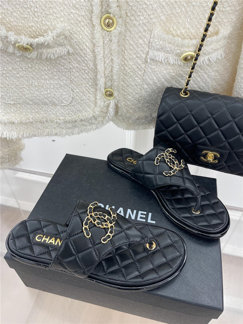 Best Replica Chanel rhombus CC logo chain buckle flat slippers - Colareps