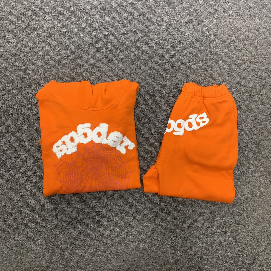 Best Replica Flocked letters spider web print children's hoodie pants set orange - Colareps