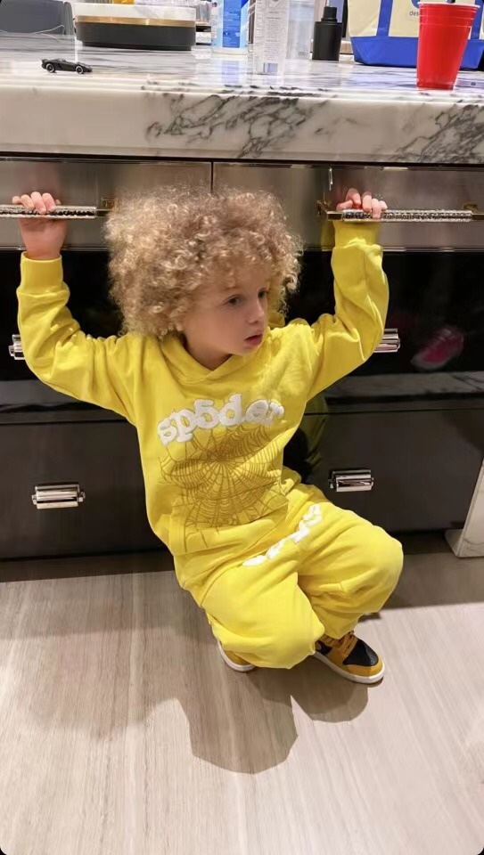 Best Replica Flocked letters spider web print children's hoodie pants set yellow - Colareps