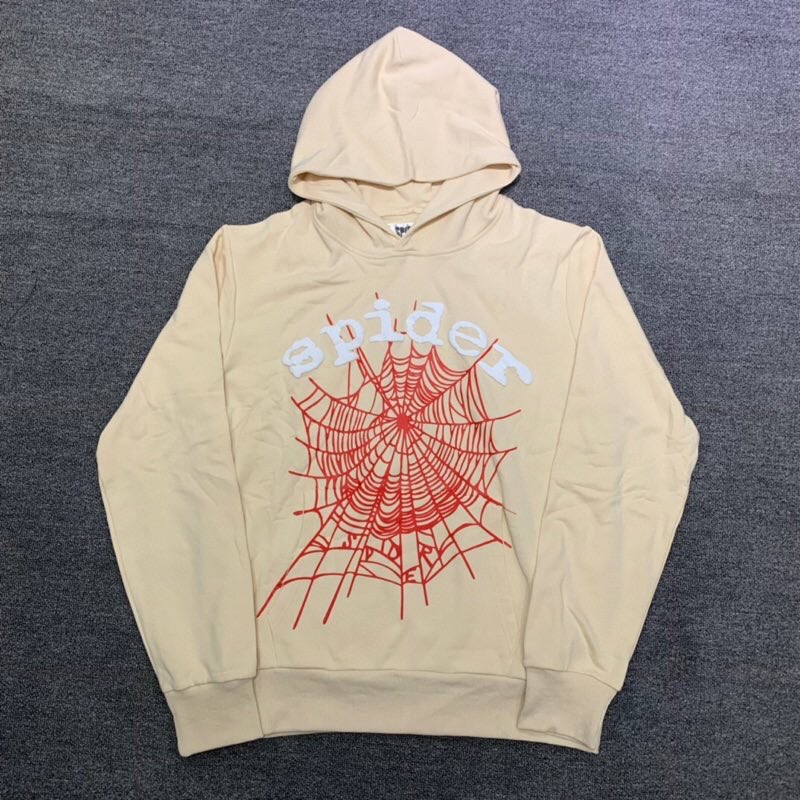 Best Replica Young Thug Sp5der- White letters red cobweb beige hoodie - Colareps