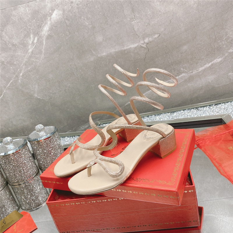 Best Replica Rene Caovilla Heels Dupe snake crystal chunky heel sandals - Colareps