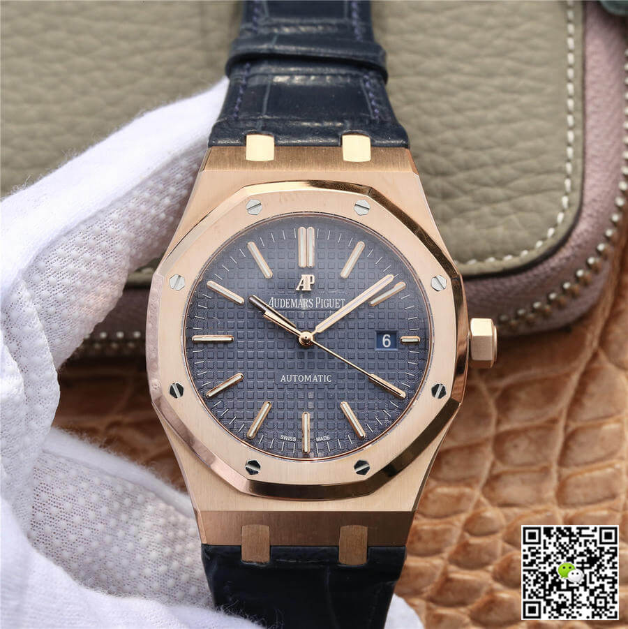Best Replica Replica Audemars Piguet Royal Oak 15400 1:1 Best Edition OM Factory Rose Gold Leather Strap - Colareps