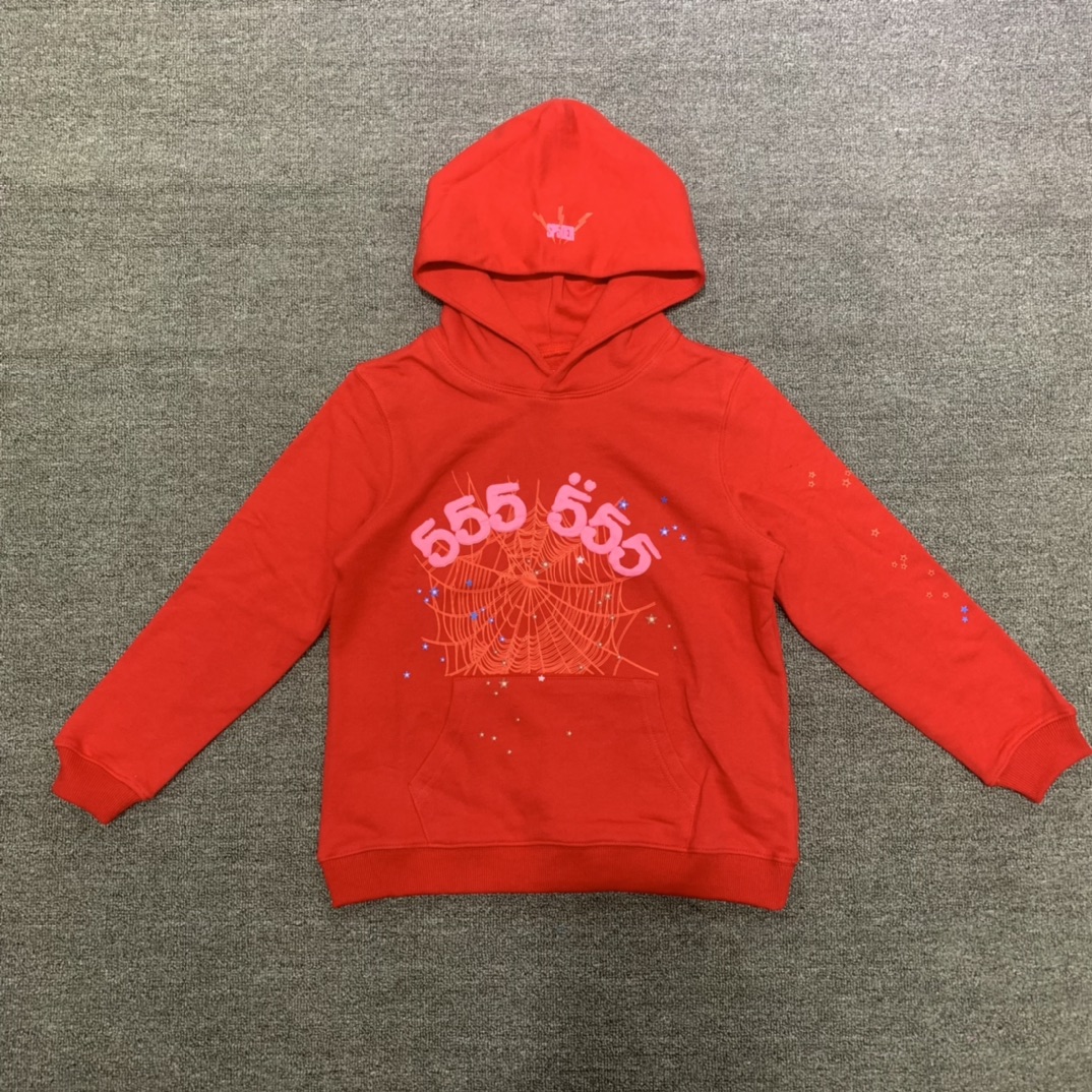 Best Replica 555 red spider web print children's hoodie pants set red - Colareps
