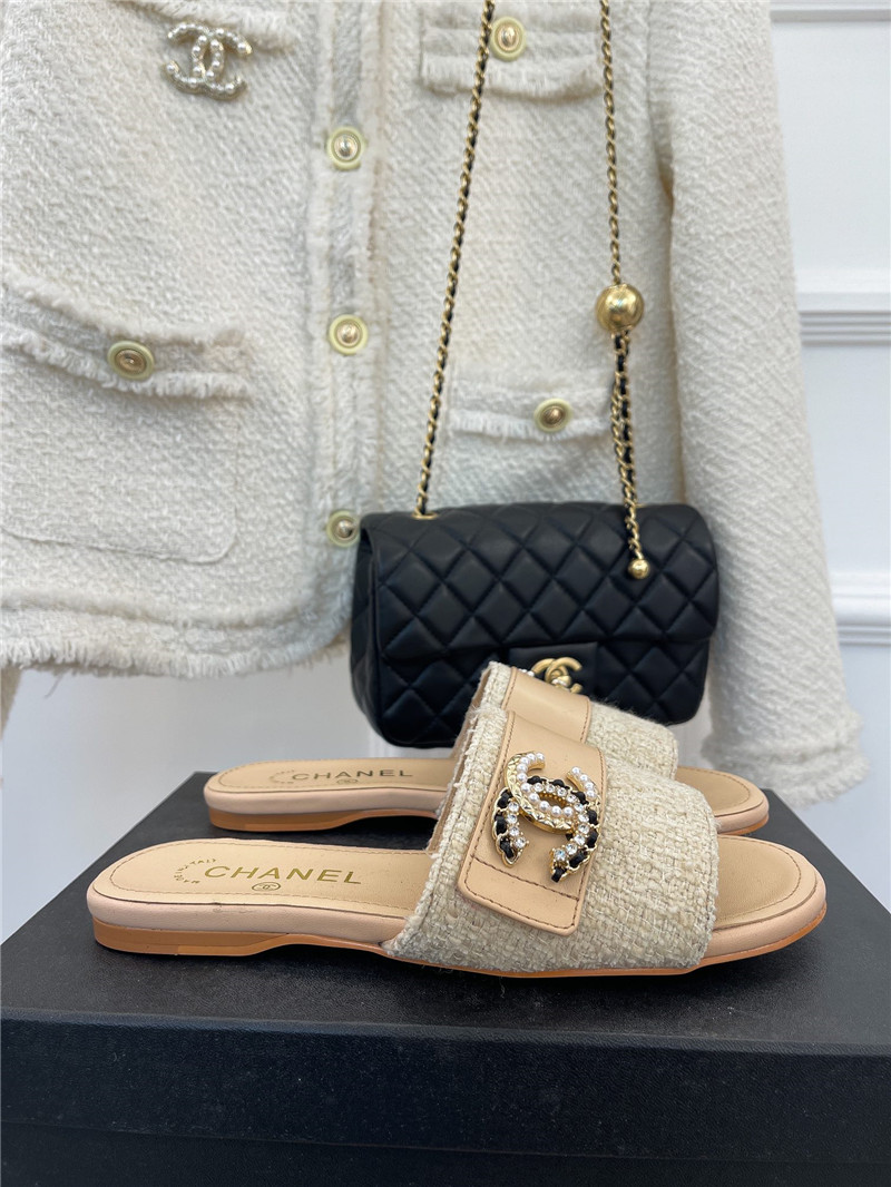 Best Replica chanel CC pearl rhinestone buckle slippers - Colareps
