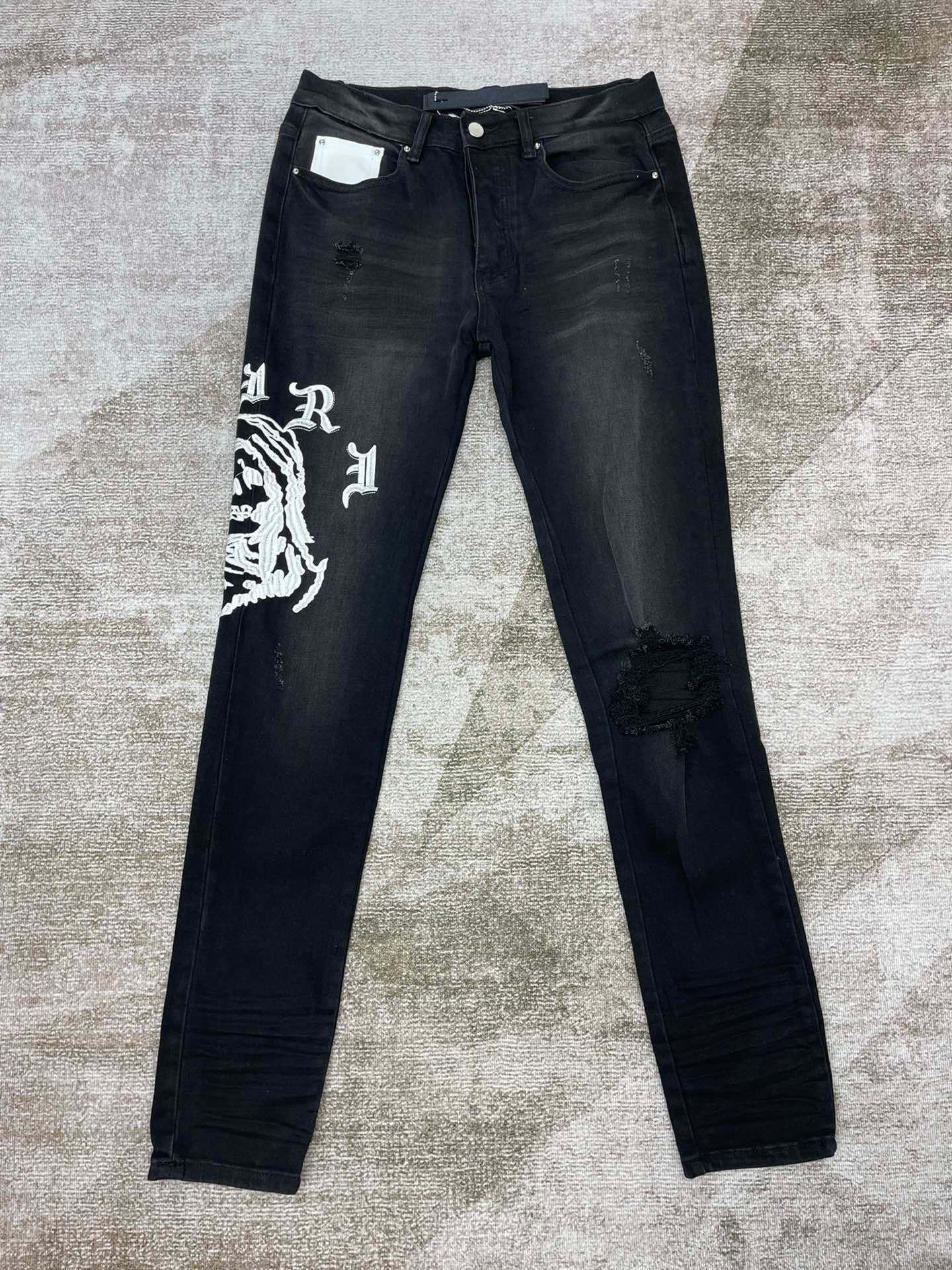 Best Replica Amiri Jeans Replica Sanskrit Alphabet Skeleton Embroidery Ripped Slim - Colareps