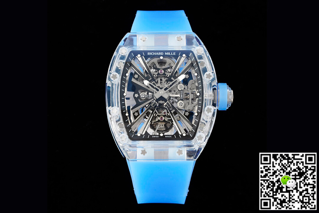 Replica Richard Mille RM12-01 1:1 Best Edition RM Factory Tourbillon Transparent Version Blue Strap
