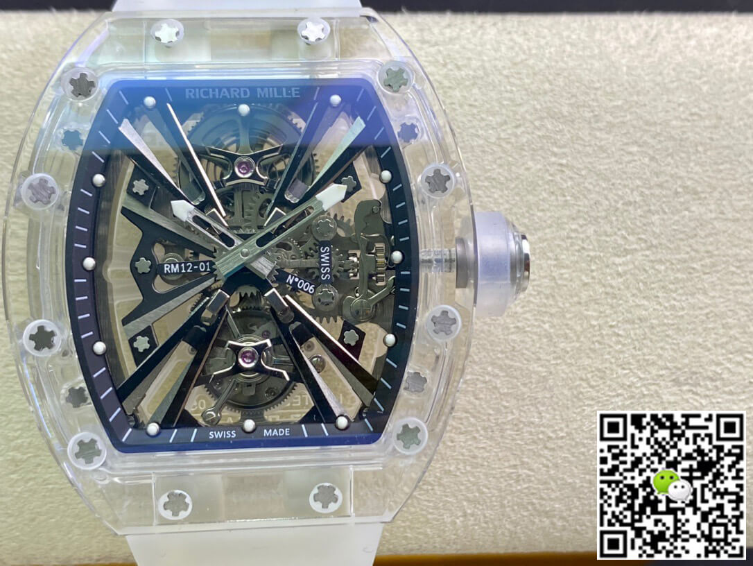Best Replica Replica Richard Mille RM12-01 1:1 Best Edition RM Factory Tourbillon Transparent Version White Strap - Colareps
