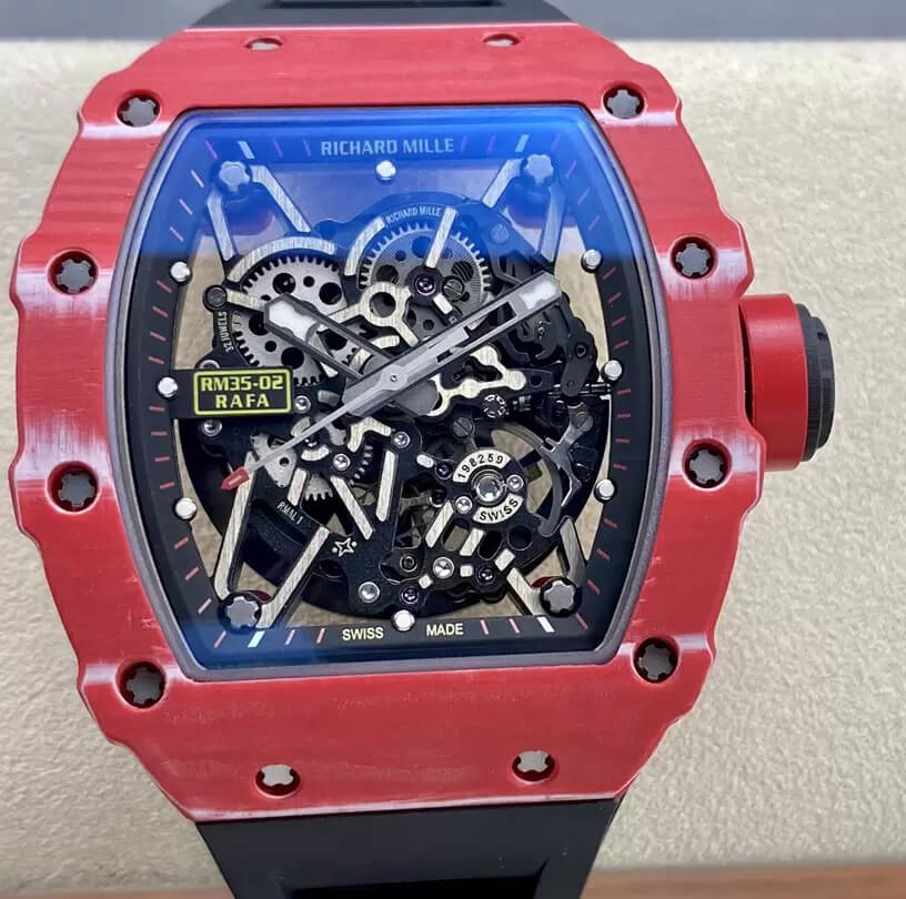 Best Replica Richard Mille Replica RM35-02 1:1 Best Edition T+ Factory Red Carbon Fiber NTPT Case Black Strap - Colareps