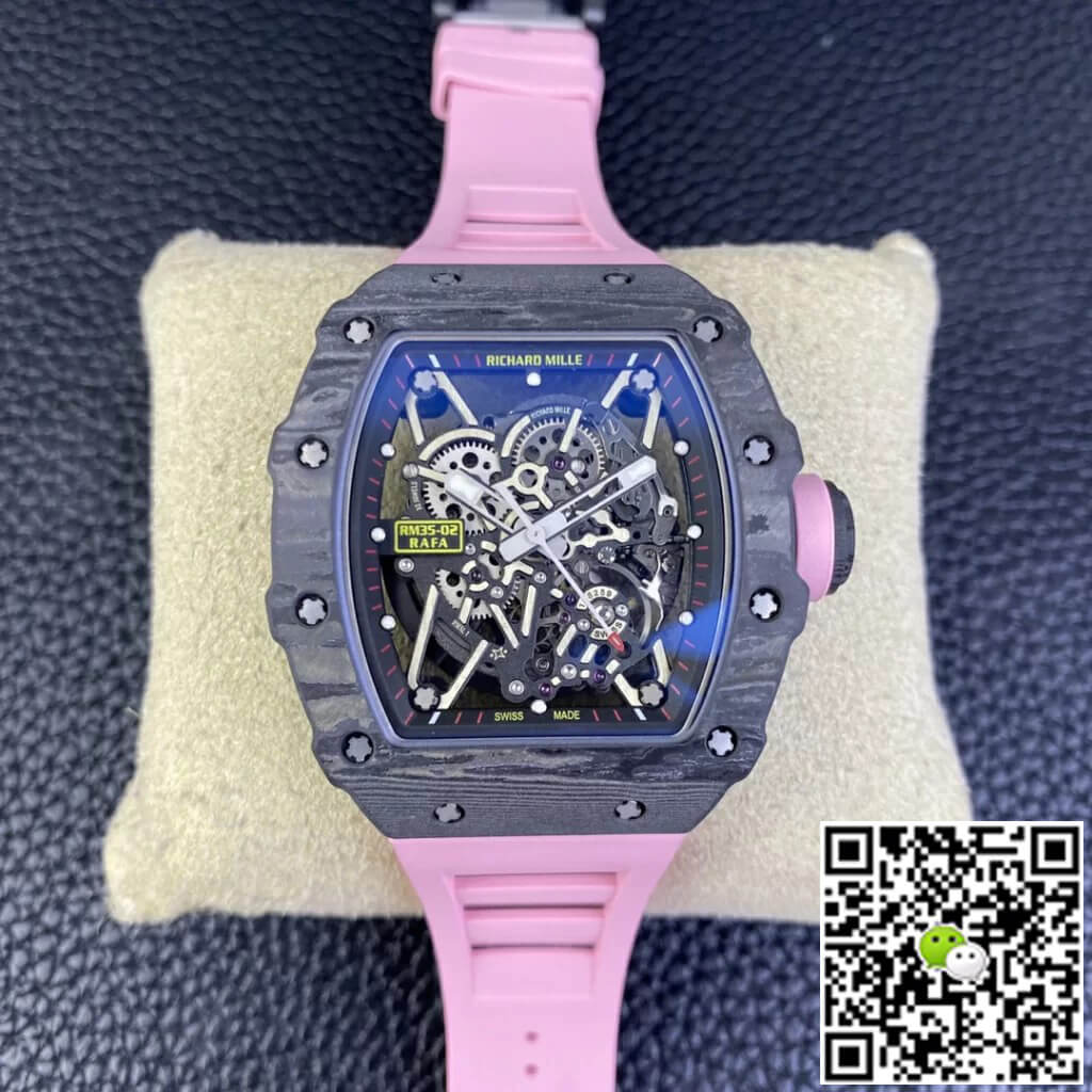 Best Replica Richard Mille Replica RM35-02 1:1 Best Edition T+ Factory NTPT Carbon Fiber Pink Rubber Strap - Colareps