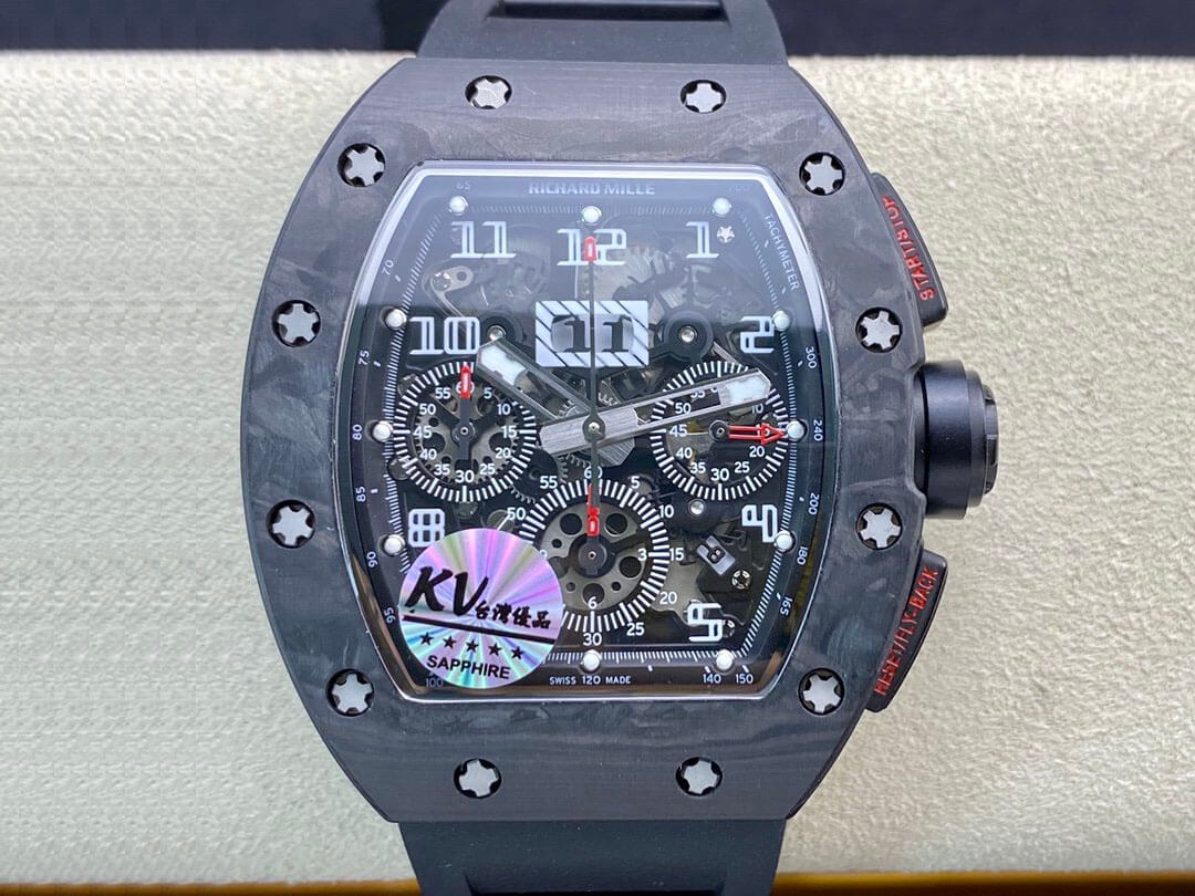 Replica Richard Mille RM011 1:1 Best Edition KV Factory Carbon Fiber Black Rubber Strap