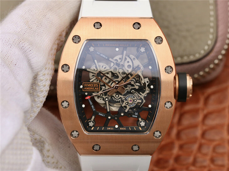 Replica Richard Mille RM035 Americas KV Factory 1:1 Best Edition Rose Gold White Strap