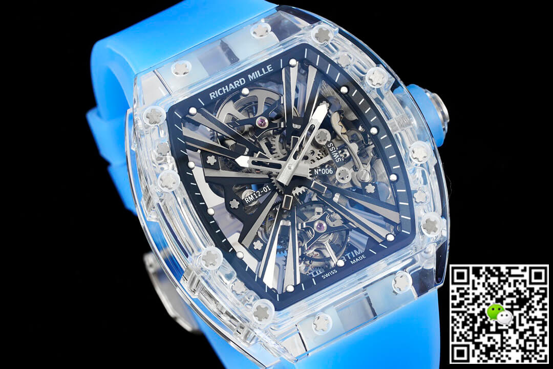 Replica Richard Mille RM12-01 1:1 Best Edition RM Factory Tourbillon Transparent Version Blue Strap