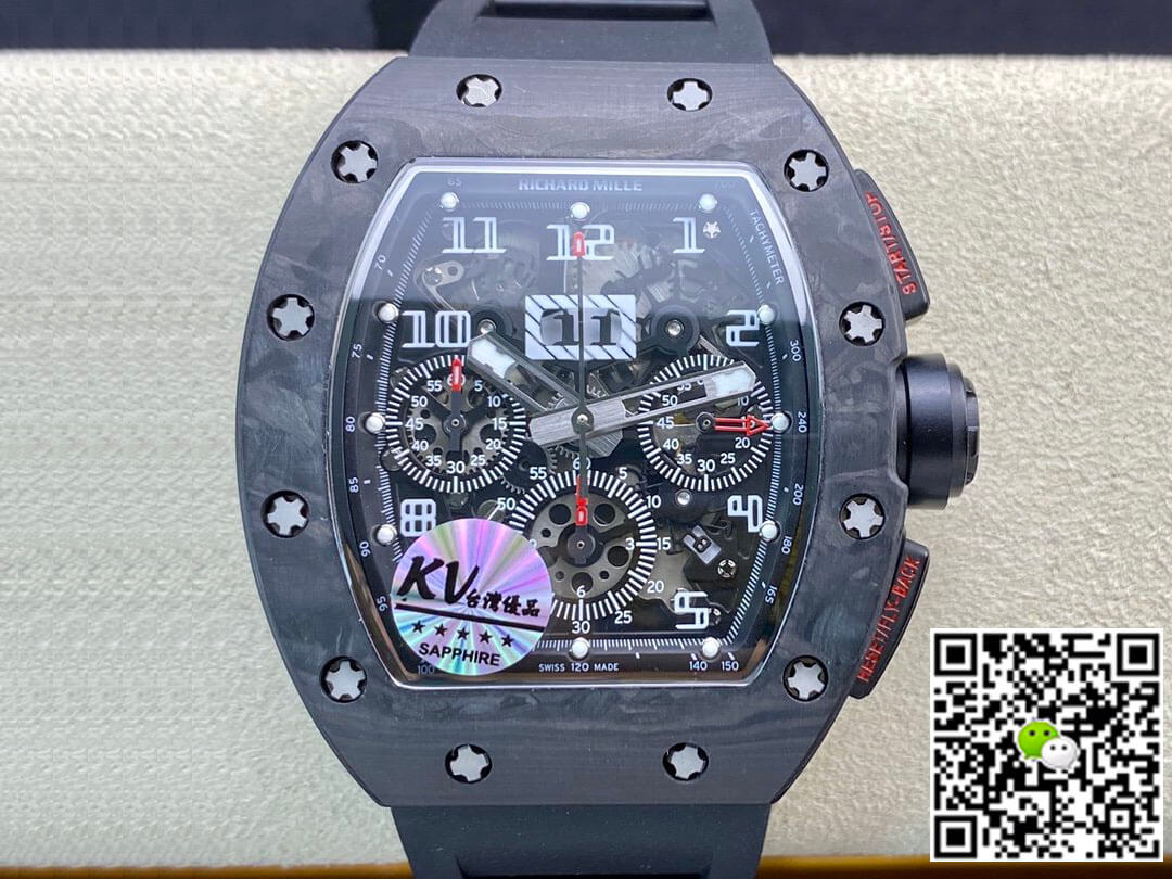 Best Replica Replica Richard Mille RM011 1:1 Best Edition KV Factory Carbon Fiber Black Rubber Strap - Colareps