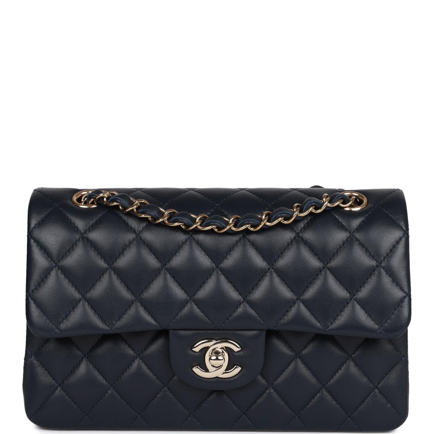 Best Replica Small Classic Double Flap Navy Lambskin Light Gold Hardware - Colareps