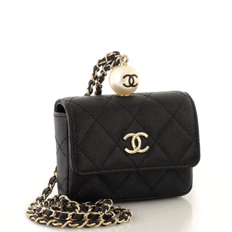 Best Replica Chanel CC Pearl Coin Card Holder with Chain Quilted Caviar - Colareps