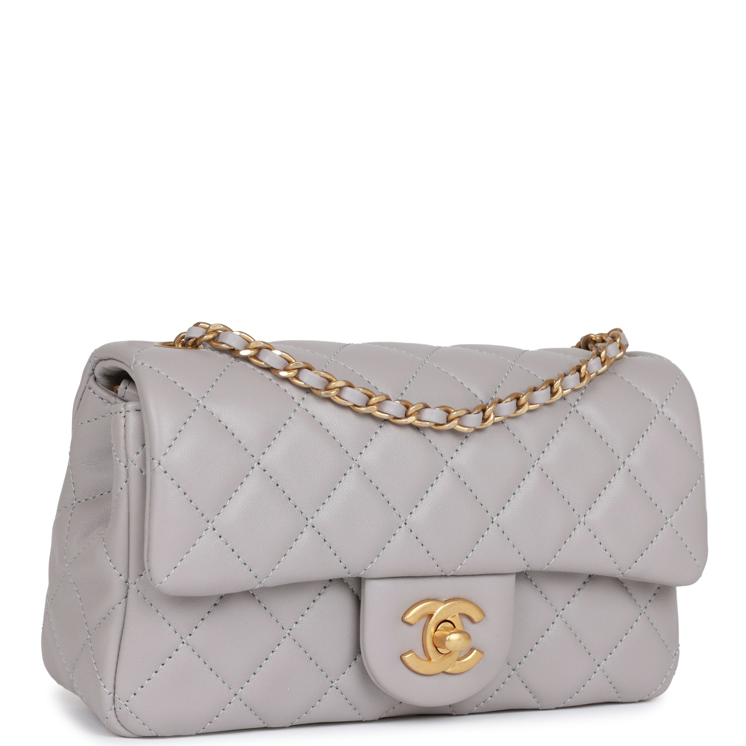 Best Replica Pearl Crush Mini Rectangular Flap Bag Light Grey Lambskin Antique Gold Hardware - Colareps