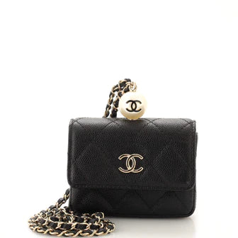 Best Replica Chanel CC Pearl Coin Card Holder with Chain Quilted Caviar - Colareps