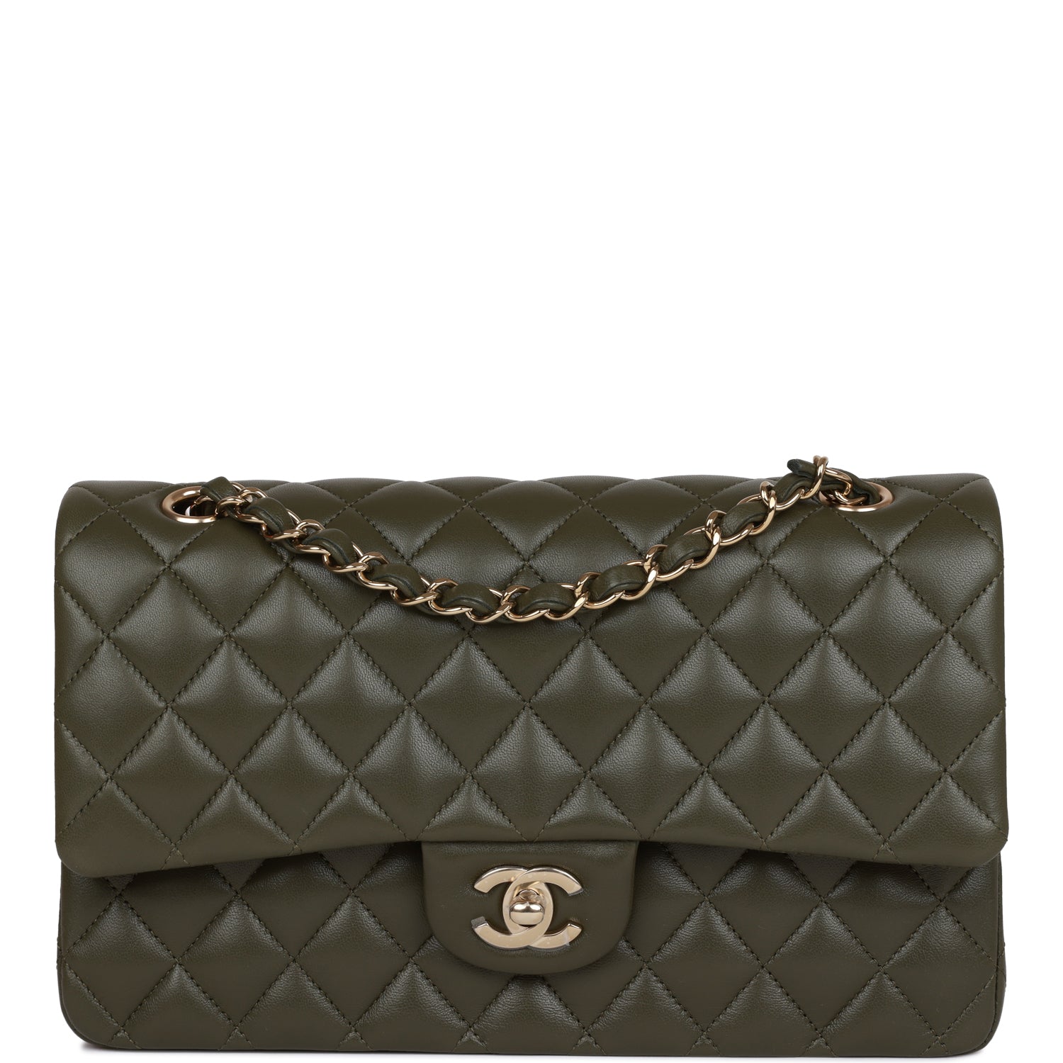 Best Replica Chanel Medium Classic Double Flap Bag Olive Calfskin Light Gold Hardware - Colareps