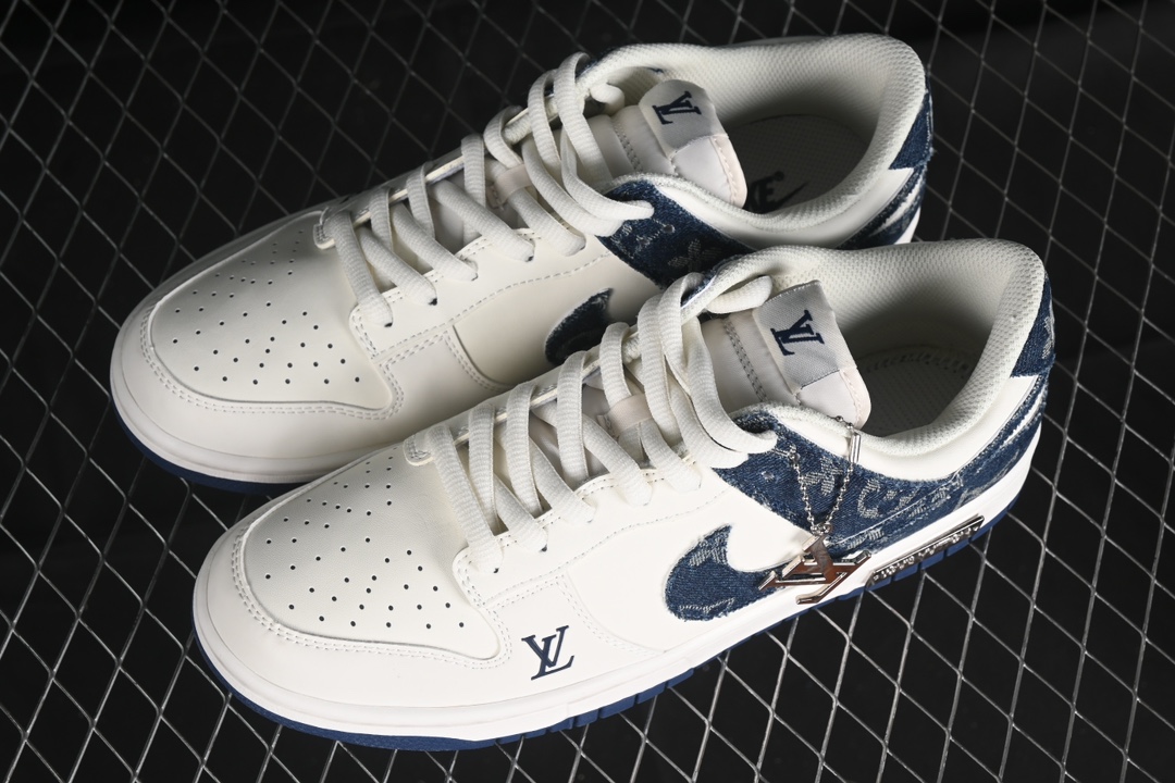 Best Replica Nike SB Dunk Low LV co-branded - navy blue denim, off-white and blue swoosh Anniversary high-end customized low-top casual sneakers replica - Colareps