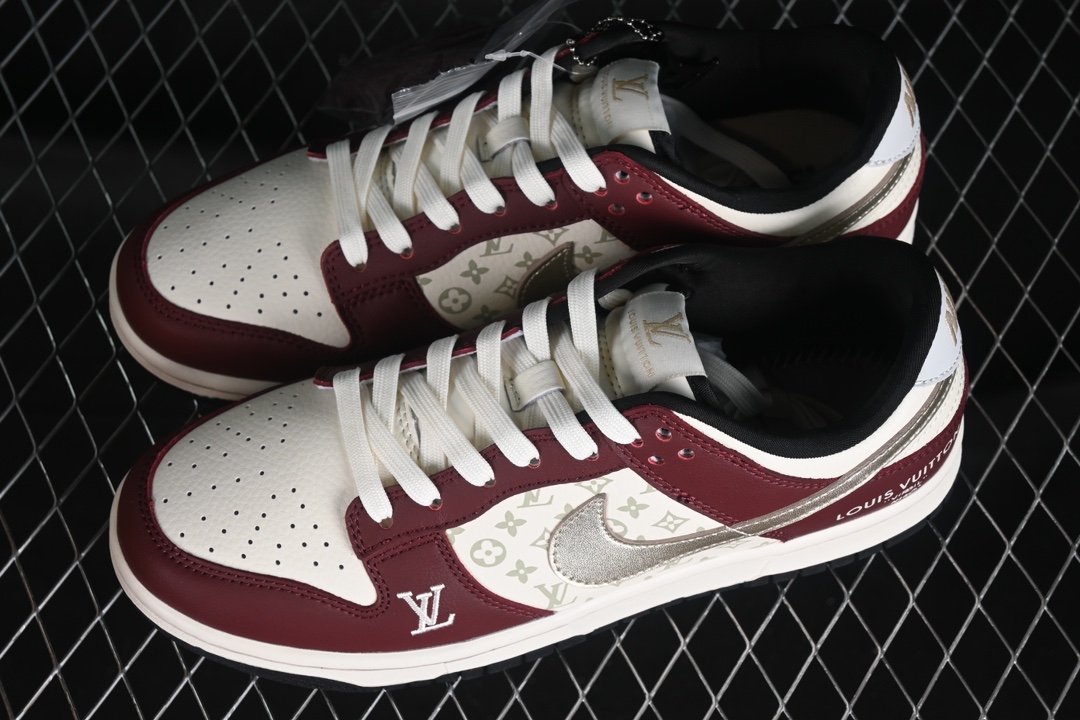 Best Replica Louis Vuitton x Nike Dunk Low joint custom-burgundy silver hook SB low-top casual sneakers - Colareps